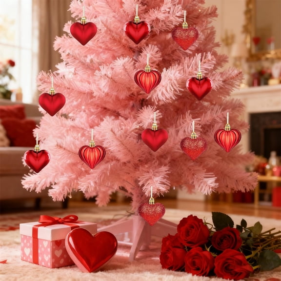 Tyidzon Heart Ornaments Valentines Day Decorations, 12PCS Red Glitter Heart Shaped Baubles for Valentine's Day Anniversary Wedding Tree Hanging Decor