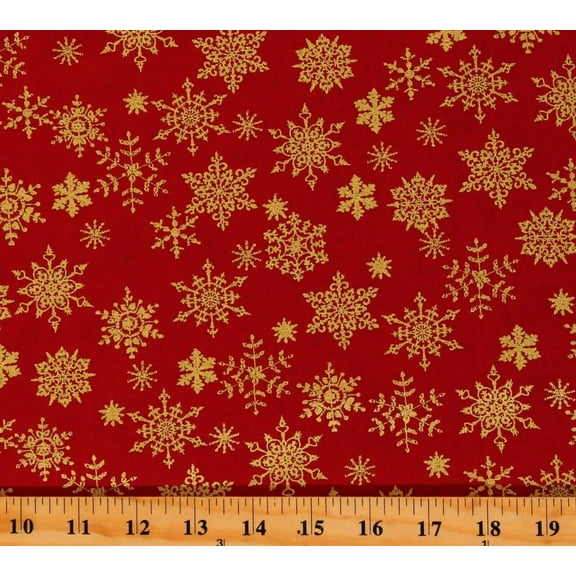 Cotton Holly Jolly Christmas Winter Metallic Gold Snowflakes on Red Cotton Fabric Print by the Yard (109102)