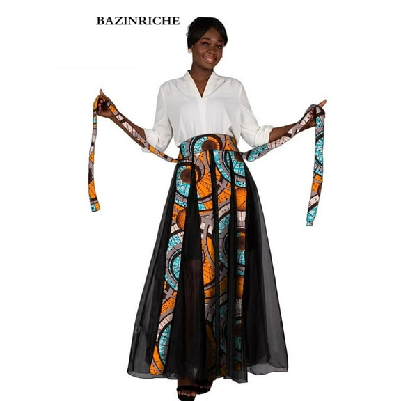 African Maxi Skirt Women Black Chiffon Patchwork Full Length High Waist African Clothing for Women WY10092