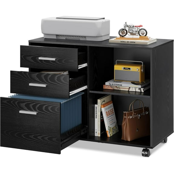 3 Drawer Mobile File Cabinet, Wood Lateral Filing Cabinet, Printer Stand with Open Shelves for Home Office, Black