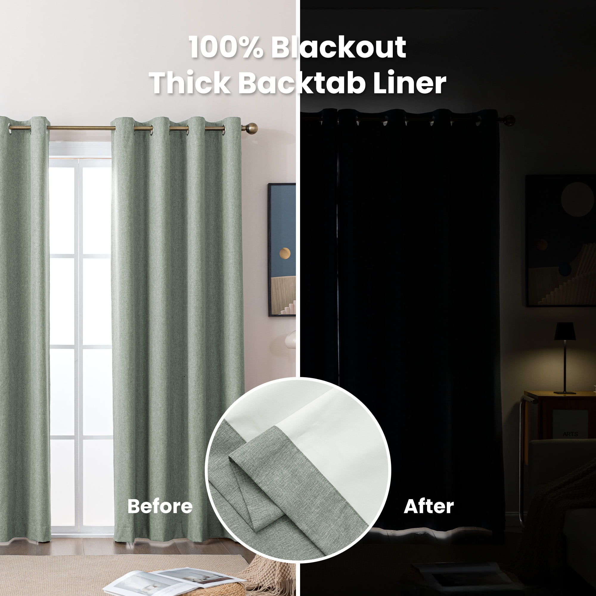 Sleep Zone Linen Look 100% Blackout Curtains for Bedroom Windows Living Room Darkening Thermal Insulated Drapes 2 Panels, 42" x 95" Dark Green