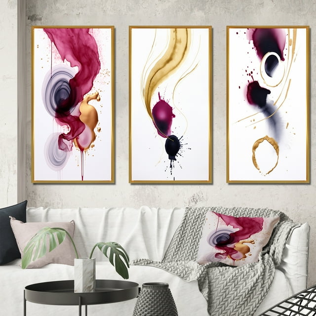 Designart "Fluidity Exquisite Magenta Ink Clouds V" Abstract Painting Framed Wall Art Set Of 3 - Gold Modern Frame Gallery Wall Set For Home Decor