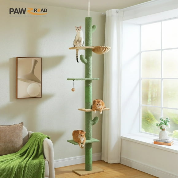 PAWZ Road Large Cactus Floor to Ceiling Cat Tree with Adjustable Height 95-108" for Indoor Cat Green
