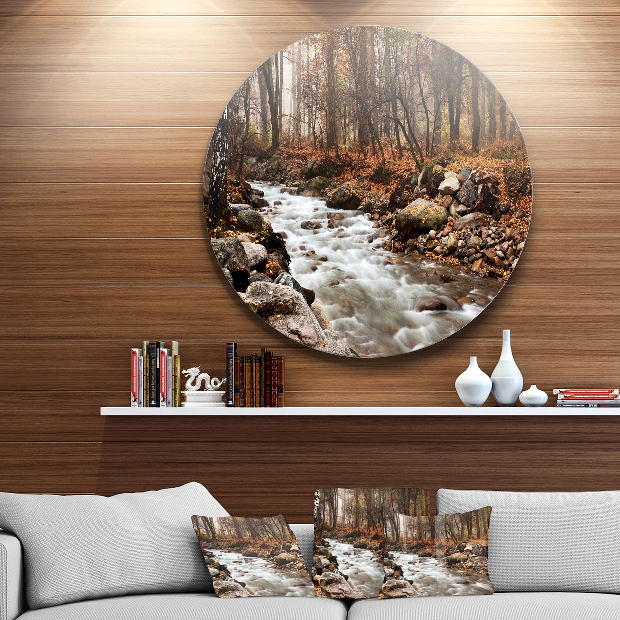 Designart 'Stream in Autumn Forest' Landscape Photography Circle Metal Wall Art