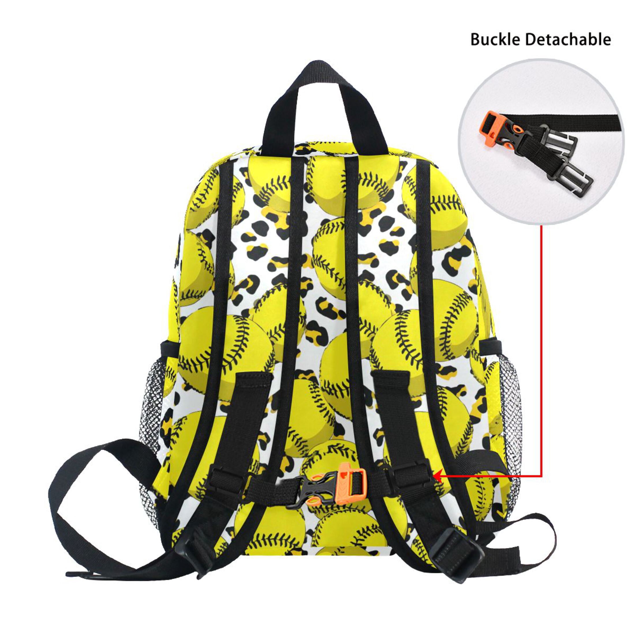 Yellow Softball Pattern Mini Backpack Cute Small Backpack with Chest Strap and Whistle Ages 3-8