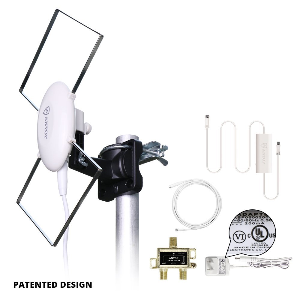ANTOP AT408B Indoor/Outdoor HDTV Antenna Amplified with Signal Splitter for 2 TVs, 40 Miles