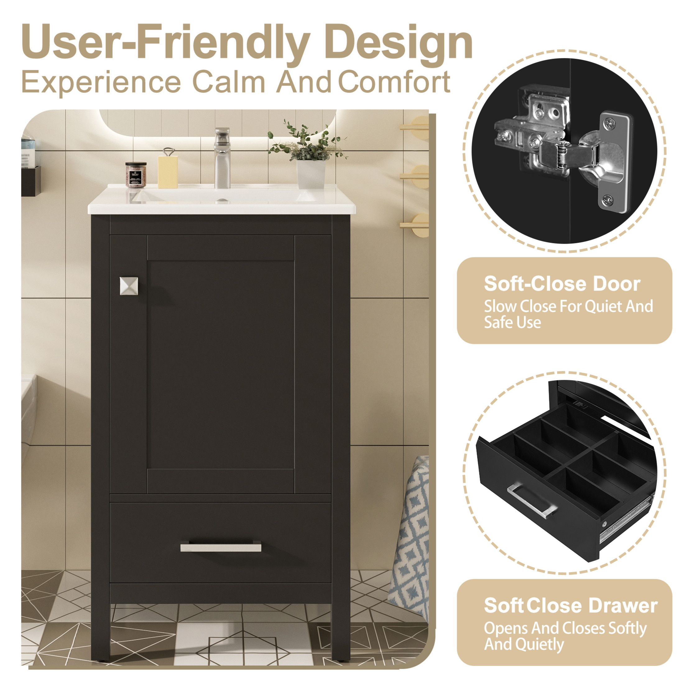 Noble House 20" Modern Bathroom Vanity with Ceramic Sink, Soft Close Drawer & Door, Divider Drawer, Black