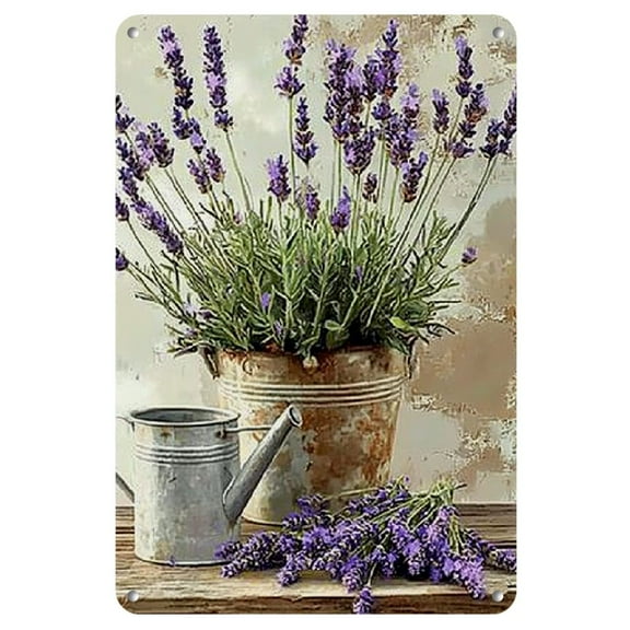 Charming Vintage Lavender Tin Sign - 8x12 Inch, Rustic Wrought Iron Wall Decor with Rustic Bucket & Watering Can Design, Perfect for Home, Garden, Bar, Farmhouse, or Office Decoration