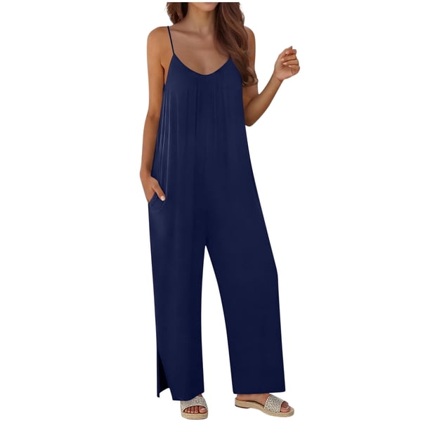 TaTaai Women's Summer Evening Jumpsuit Sleeveless Halter Neck Wide Leg Long Pants Solid Color Casual One Piece with Low Back Detail for Party and Night Out Gift