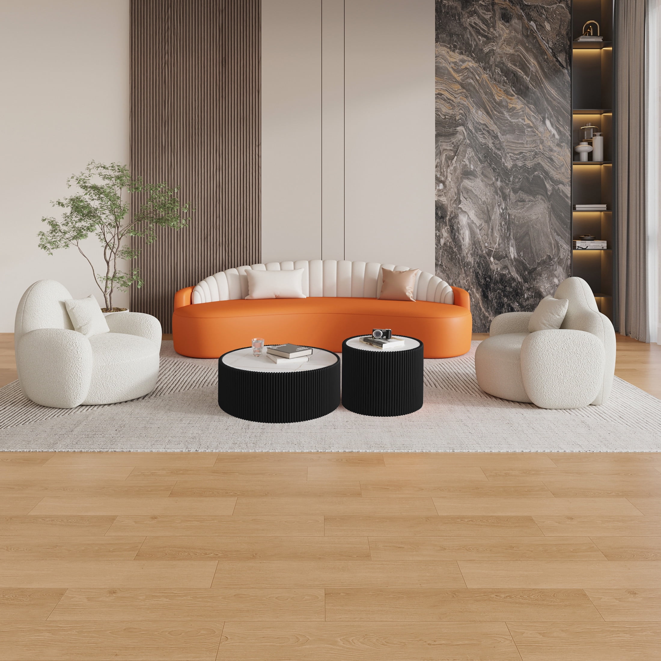 Noble House Halvion 29" Cylinder Sintered Stone Coffee Table with Leather Wrapped Frame, Modern Sofa Table, Black