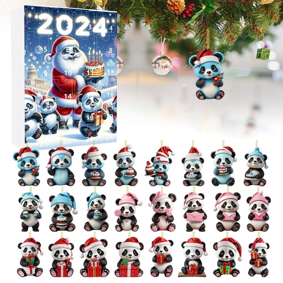 2024 Christmas Advent Calendar Set 2D Panda Ornaments with Santa Hat Holiday Tree Decorations Festive Countdown Kit for Home