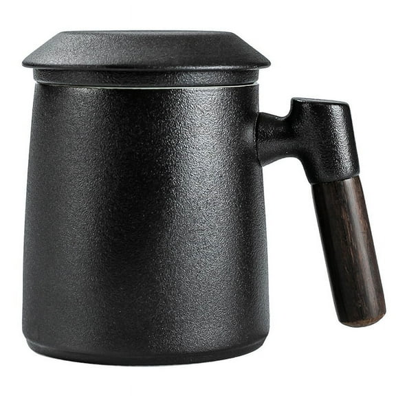 Sandalwood handle Tea Mug, Chinese Ceramic Tea Cup,with Infuser and Lid, 13 oz, Matte black-Ceramic Stainer Mug for Tea Gift