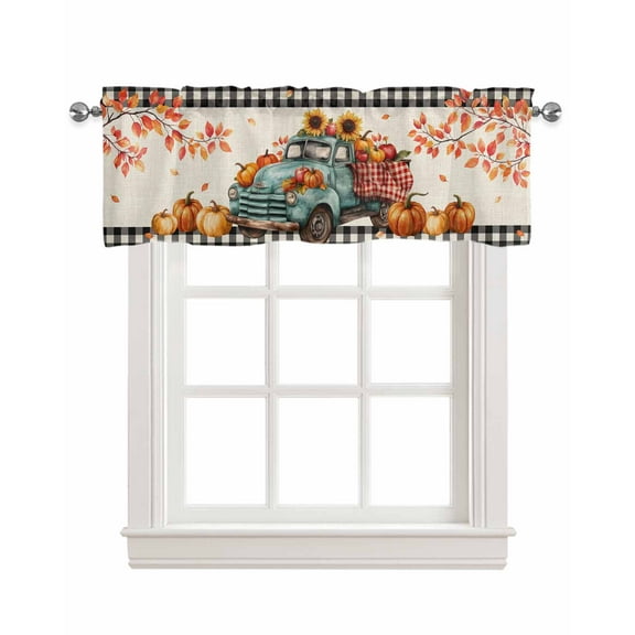 Thanksgiving Pumpkins Kitchen Valances for Windows Farmhouse Linen Window Valance Curtain for Living Room Window Treatment Fall Sunflowers Truck Branch Retro Valance Rod Pocket Topper, 42 x 12 Inch