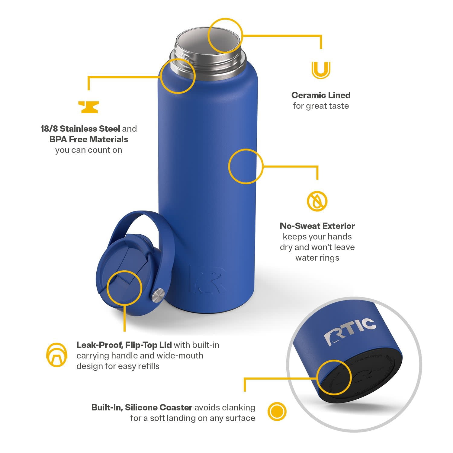 RTIC 40 oz Ceramic Lined Insulated Outback Water Bottle, Leak Resistant, Cobalt