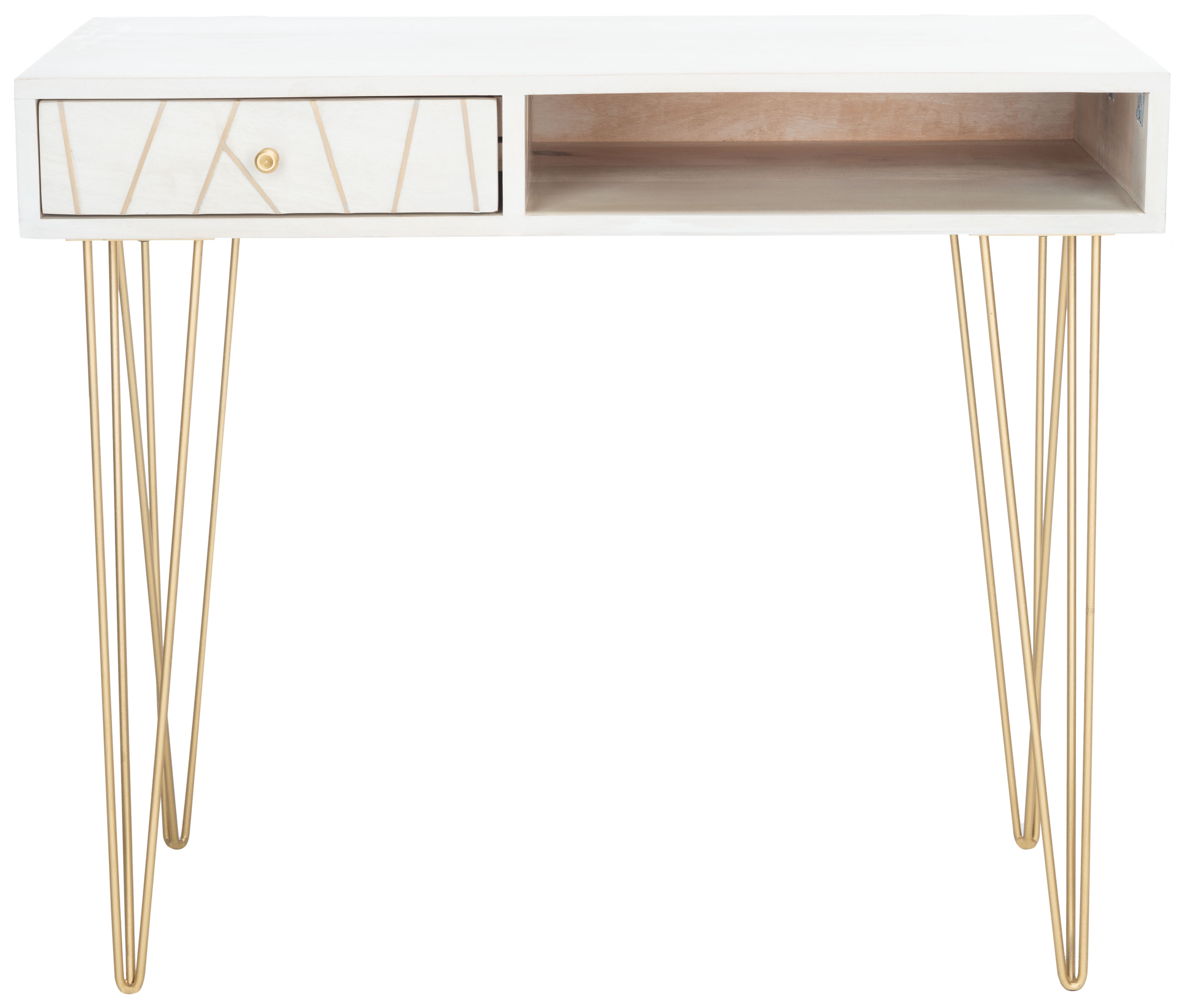 SAFAVIEH Marigold Mid-Century w/ Drawer Writing Desk, White Wash/Brass