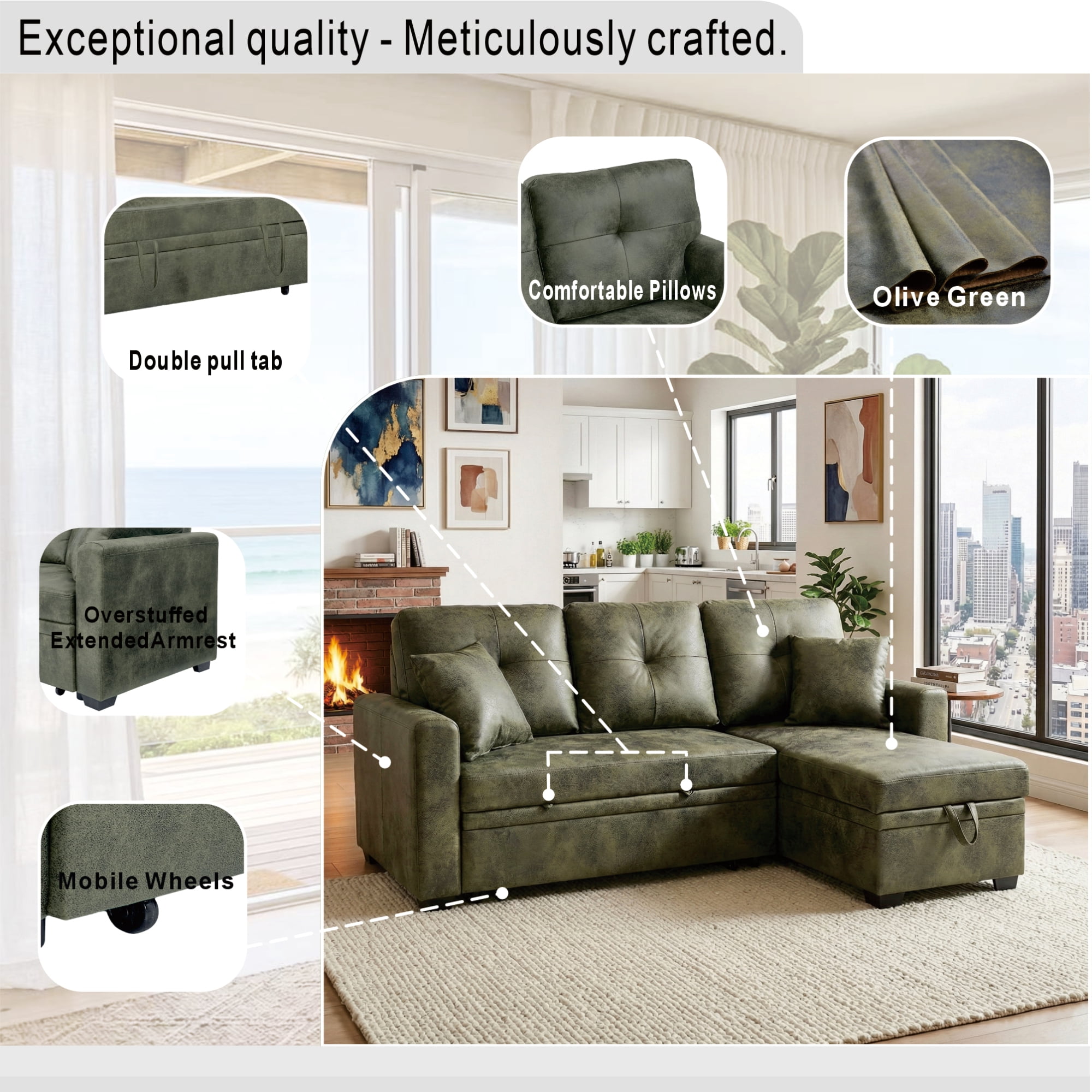 Leumius L Shaped Sectional Sofa with Pull Out Bed and Storage Chaise, 3 Seater Sectional Couch Convertible Sofa Bed for Small Space, Apartment & Guest Room, Olive Green