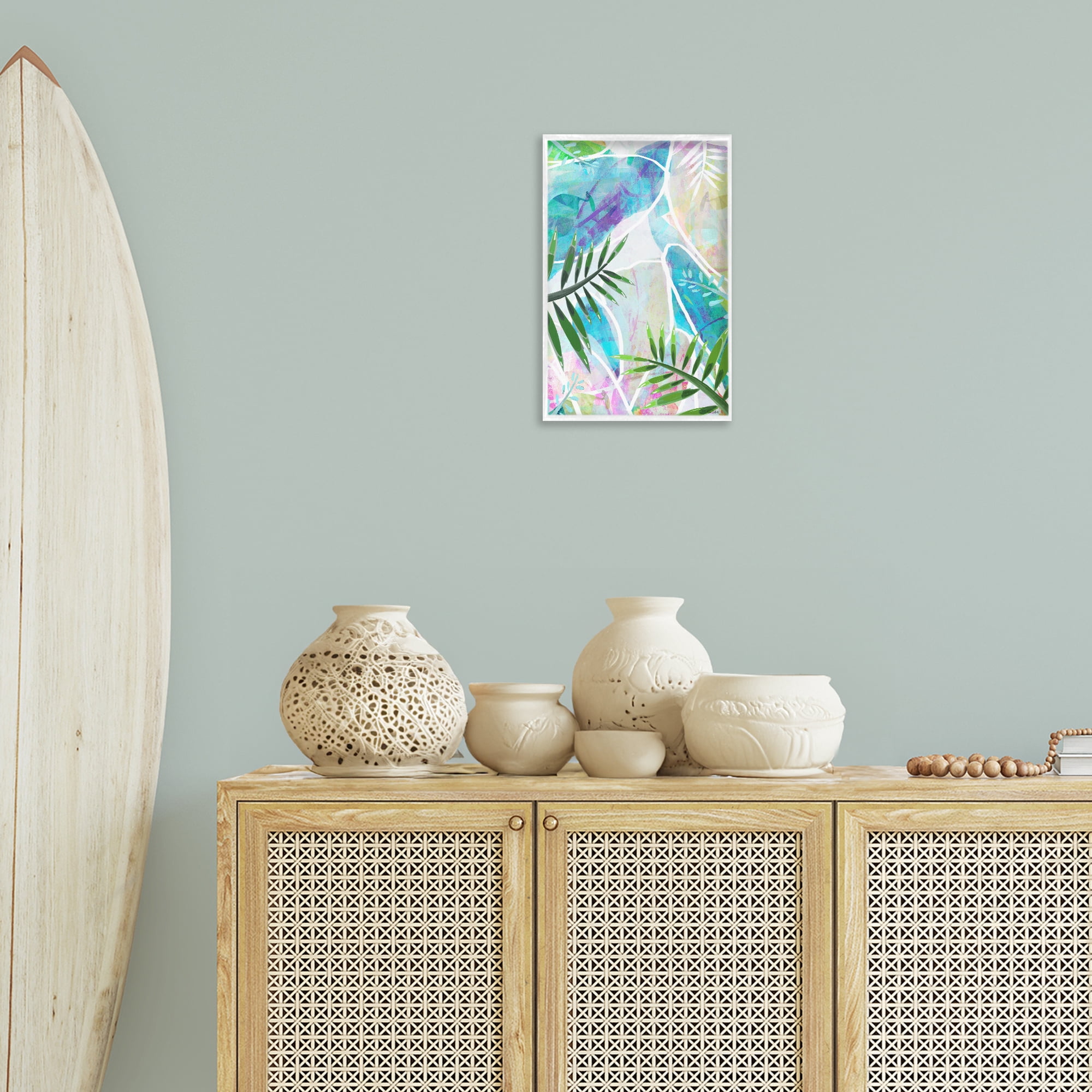 Stupell Industries Layered Tropical Leaves Coastal Painting White Framed Art Print Wall Art, 12 x 18