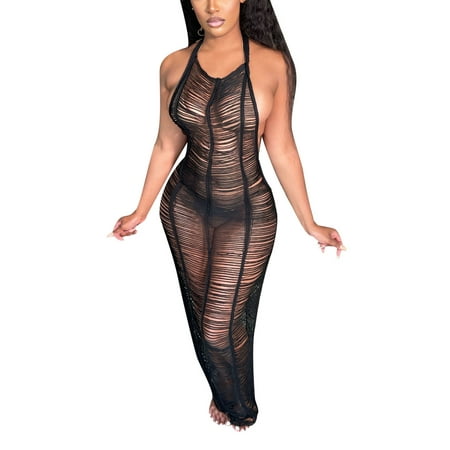 JBEELATE Women Halter Sleeveless Mesh See Through Crochet Maxi Long Dress Backless Knit Beach Bikini Swimsuit Cover Ups
