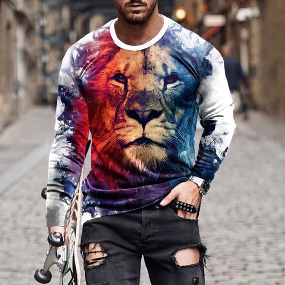 Meichang Long Sleeve T Shirt Men Cotton,Graphic Tees Men Streetwear 3D Lions Print T-Shirts Funny Crew Neck Athletic Long Sleeve Shirts for Men