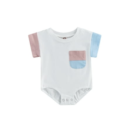 

Sunisery Summer Infant Baby Girls Boys Romper Color Matching Short Sleeve Round Collar Jumpsuit with Pocket Blue Pink 6-12 Months