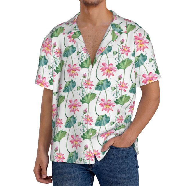 Fotbe Lotus Flower Camisa Estampada de Manga Corta para Hombre, Casual de Verano, Estilo Playero, Sin Arrugas-X-Large