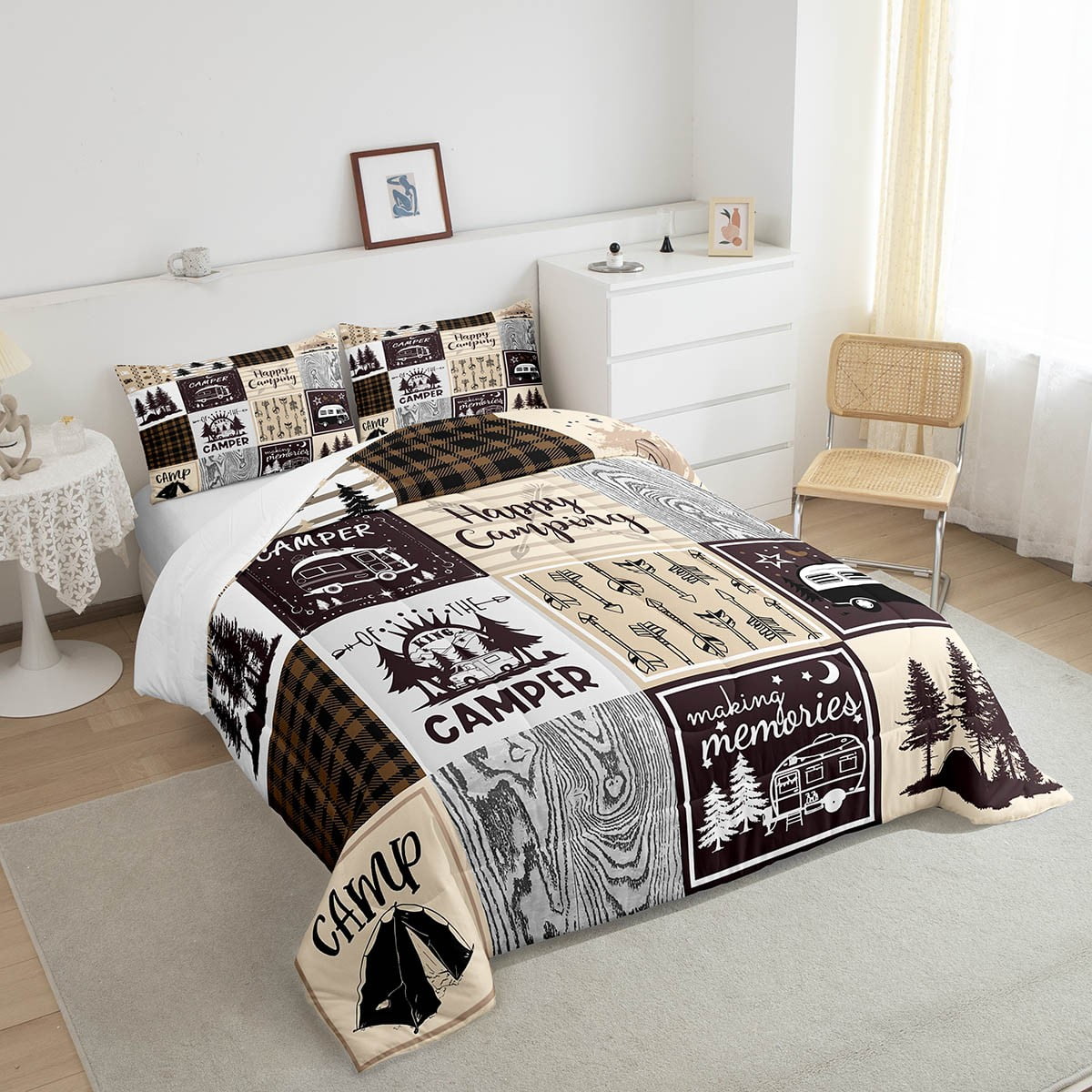 Camper King Comforter Set For Bunk Travel Trailers,Rustic Plaid Camping Car Quilt Set Camping Accessories Bedding Set For Rv Campers,Country Cabin Lodge Decor Bed Duvet Set Brown Beige