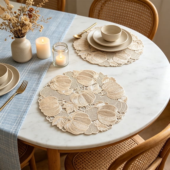 Yakvarog 15" Halloween Pumpkin Round Placemats, Hollow Out Fall Table Mats with Leaf Detail, Heat Resistant Non-Slip Washable Placemats for Dining Table, Thanksgiving Everyday Use