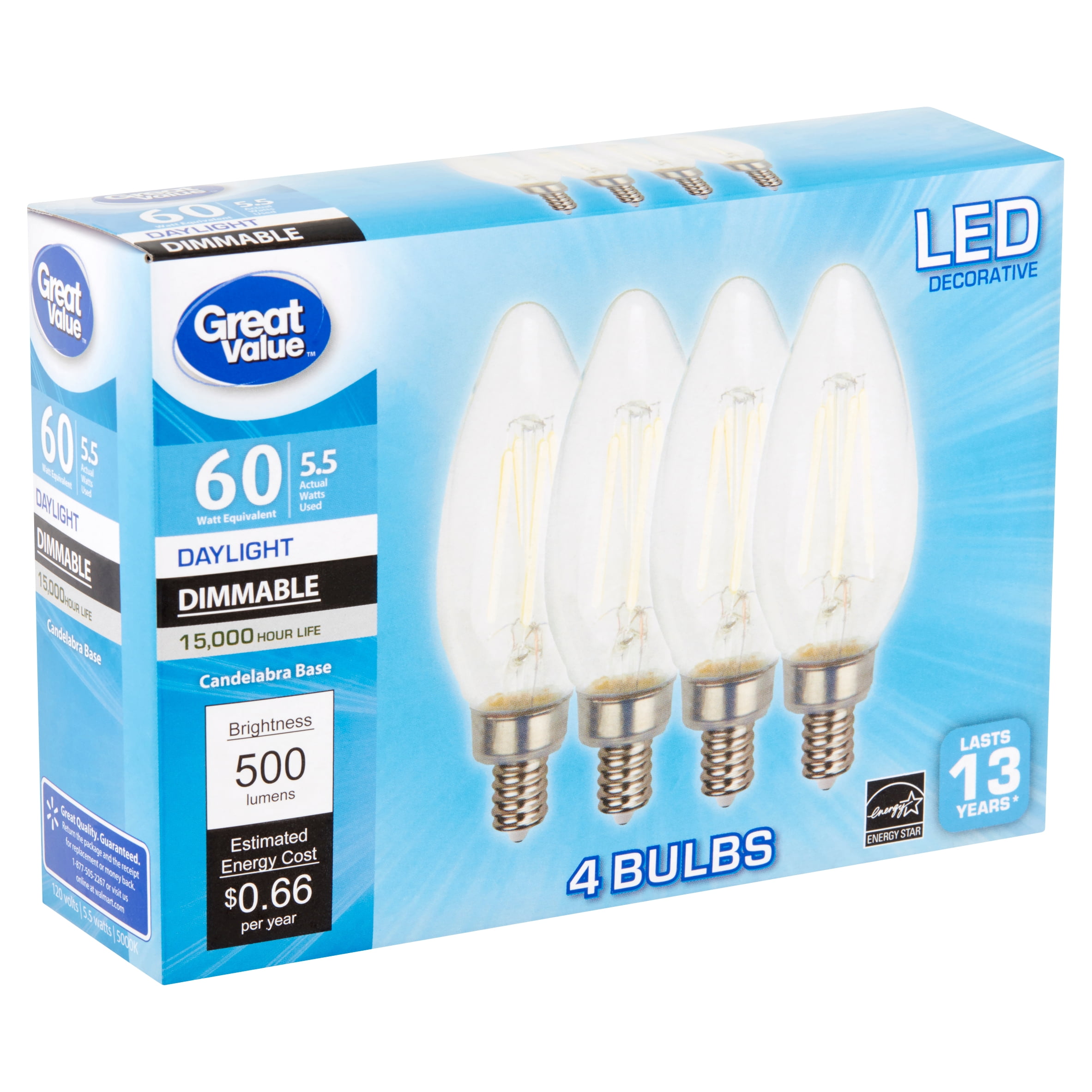 Great Value LED Decorative 5.5 Watts Daylight Candelabra Base Bulbs, 4