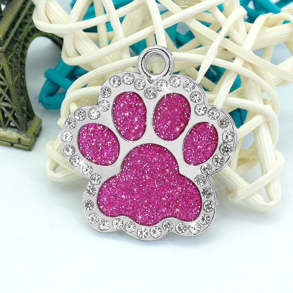 Paw Print Rhinestones Custom Laser Engraved Dog Or Cat Tag – Personalized With Free Ring