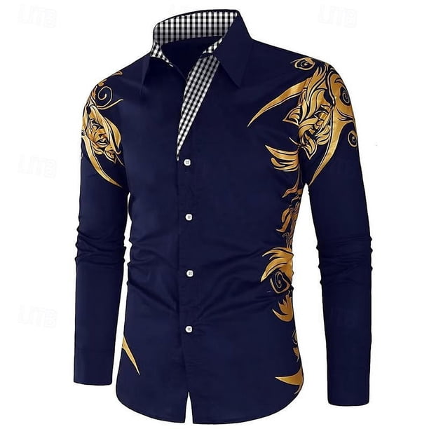Camisa abotonada para hombre con mangas largas, camisa moderna y cómoda de alta calidad con patrón impreso en 3D en el cuello.