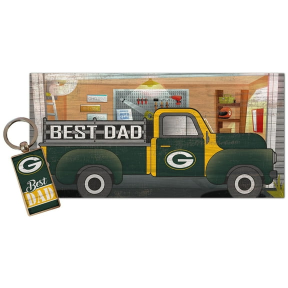 Green Bay Packers 6'' x 12'' Best Dad Truck Sign & Key Chain Bundle