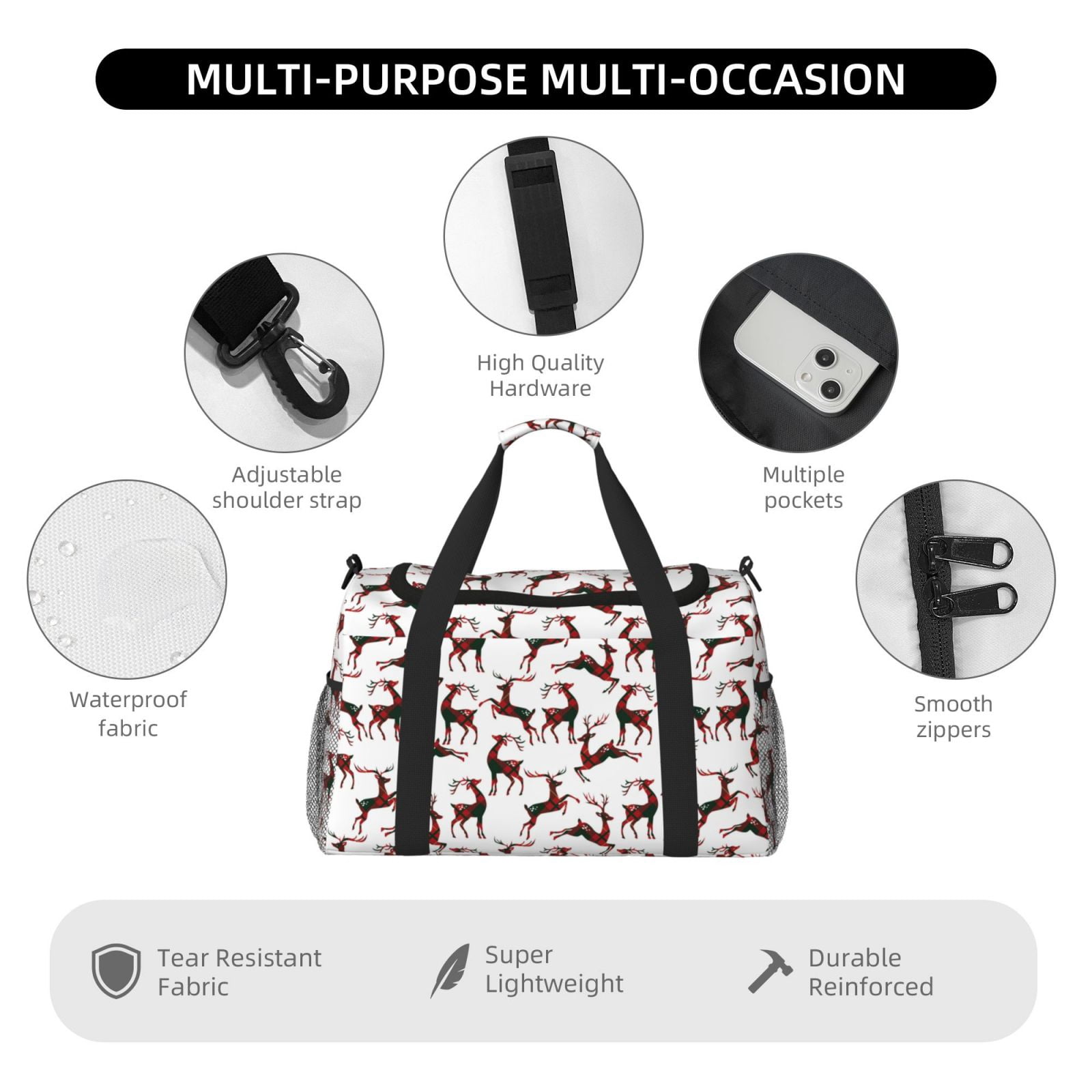 Fuzoiu Christmas Plaid Moose Print Travel Duffle Bag,Carry On Tote Bags,Duffel Bag,Sport Gym Bag, Hospital Bag for Labor and Delivery, Overnight Bag,Luggage Bag