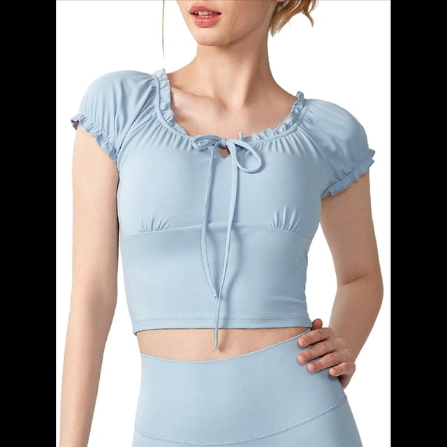 Camiseta de Verano con Cuello Halter y Hombros Descubiertos para Mujer, de Corta, de Punto Acanalado y Hombros Descubiertos Azul S