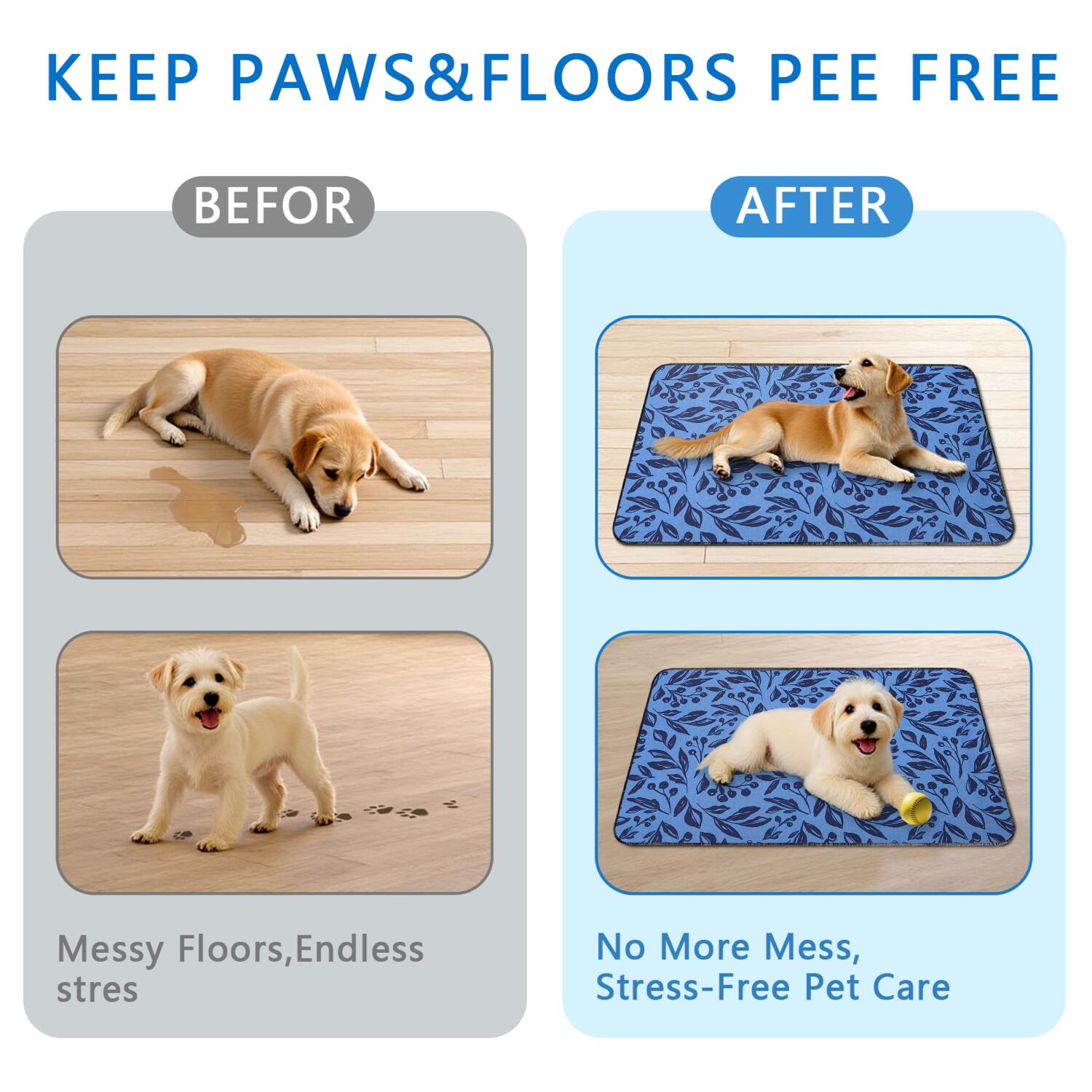 2-Set Floral Print Pet Potty Pads, Washable Reusable Dog Training Mats 24x35 Inch, Non-Slip Puppy Housebreaking Solution for Indoor Use