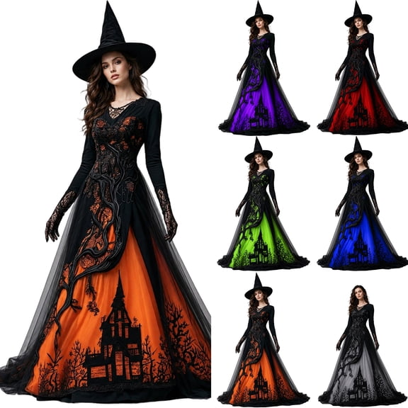 Sorvello Women's Halloween Gothic Dress Treehouse Thorn Pattern Lace Chiffon Long Sleeve Round Neck Maxi Dress Party Witch Cosplay Costume Evening Gown for Women Blue L