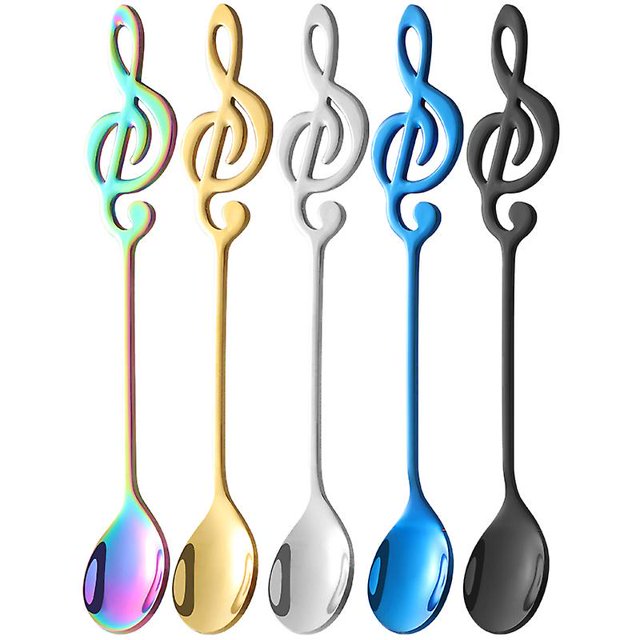 5 cucharas de nota musical de café, cuchara de té de acero inoxidable, cuchara de postre para revolver, mermelada de batido Afortunado Sencillez