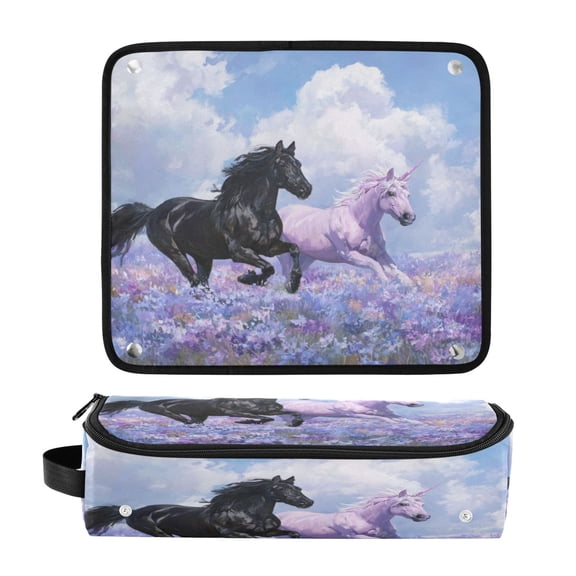 Hair Tool Organizer Bag with Heat Resistant Mat Removable Travel Storage Case for Hot Air Brushes Curling Irons Black Horse and Pink Unicorn