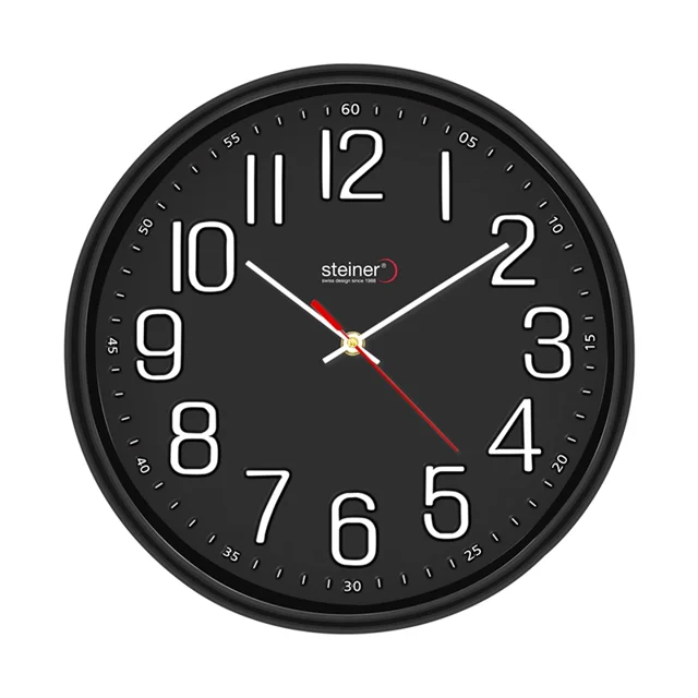 Reloj De Pared Steiner Numeros Grandes, Movimiento Silencioso 33 Cm Negro
