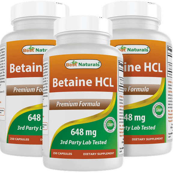 3 Pack Best Naturals Betaine HCL 648 mg 250 Capsules