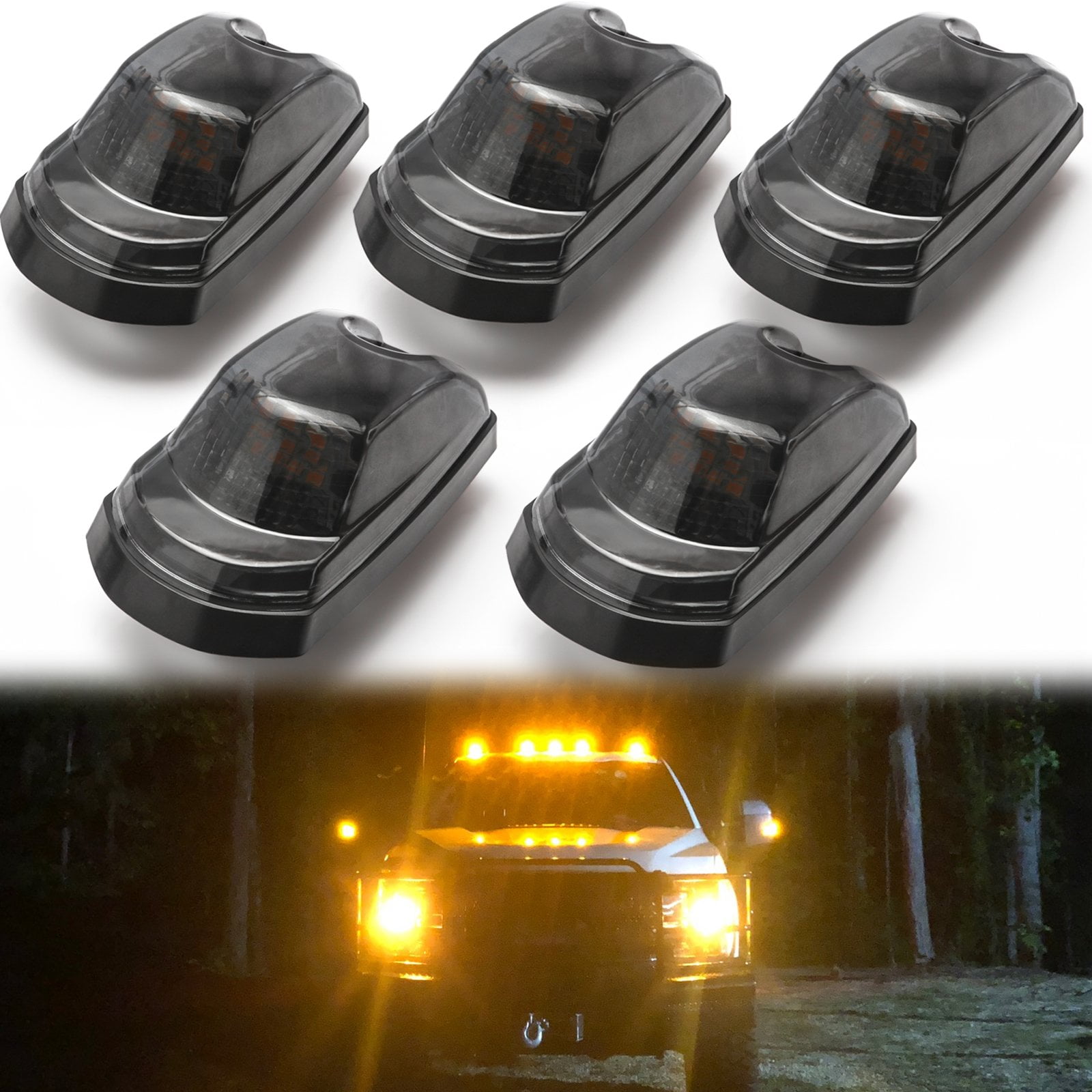 Partsam 5PCS Smoke Lens Amber LED Cab Roof Top Marker Lamps Running Lights Assembly Compatible with Ford F250 F350 F450 F550 Super Duty 1999-2016/E350 E450 2017 2018 Super Duty Pickup Truck 