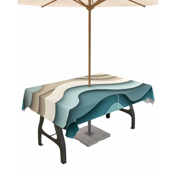 Fsddascl Teal Beige Ombre Outdoor Tablecloth - 60x120 Inch Rectangle Dining Table Cover, Moire Modern Abstract Art Geometric Waterproof Outdoor Table Cloth with Umbrella Hole & Zipper for Patio