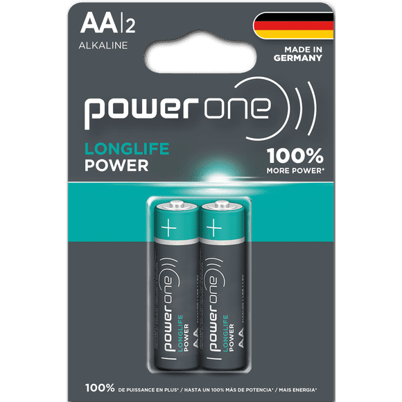 POWER ONE LONGLIFE POWER AA Battery Pack of 2 Long Performing Alkaline Batteries Made in Germany With Up To 10 Years Shelf Life