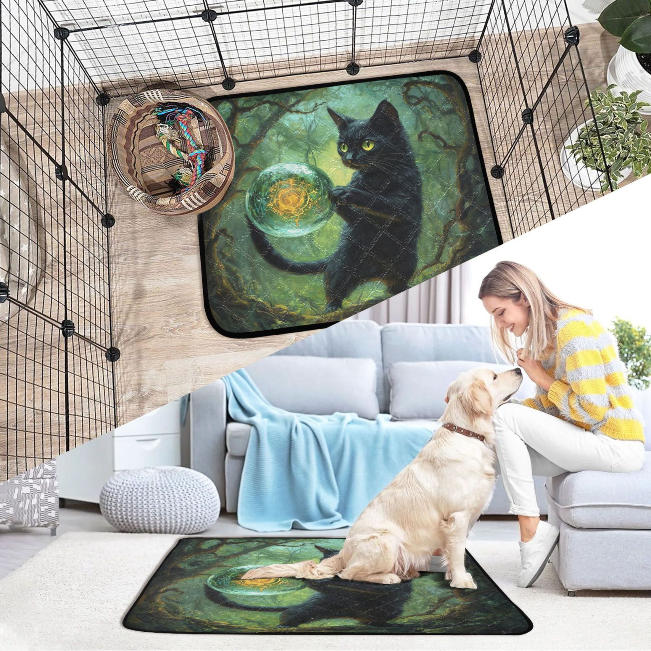 Qxltty Black Cat Crystal Ball Cat litter Pads Pet Set of 3 Diaper Mats Center Anti-leakage Layer Absorbent Soft and Comfortable