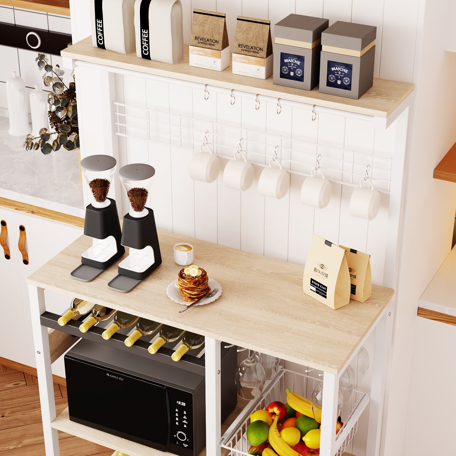 Pantry Cart Microwave Stand with Storage, Behost 60"Coffee Bar Station Kitchen Island Baker Rack for Kitchen,White