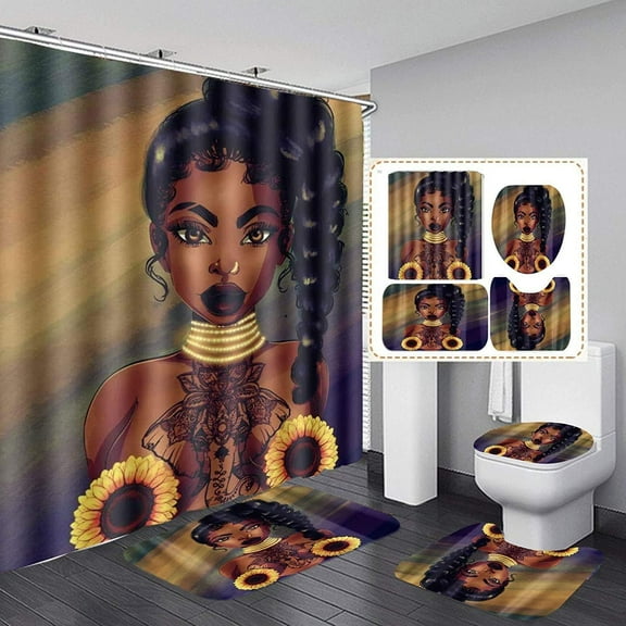 4PCS Sunflower Afro Girl Shower Curtain Sets with Rugs African American Shower Curtains Sexy Young Girl Fabric Shower Curtains 4 Pcs with 12 Hooks for Bathroom Decor