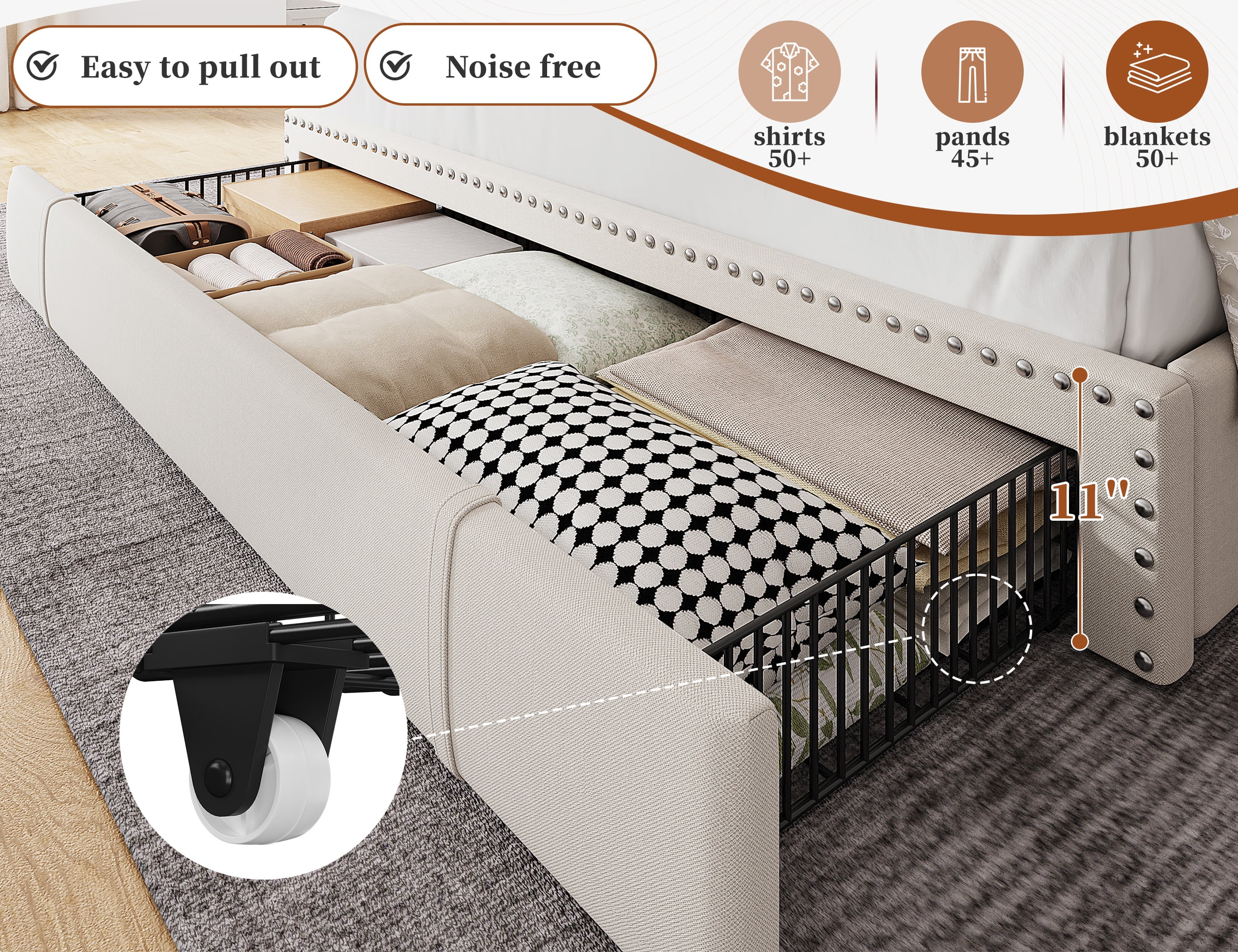 Enhomee Upholstered Queen Bed Frame, Headboard, 3 Storage Drawers, NoiseFree, Beige  (图5) Enhomee Upholstered Queen Bed Frame, Headboard, 3 Storage Drawers, NoiseFree, Beige  (图5)