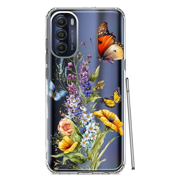 MUNDAZE Motorola Moto G Stylus 4G 2022 Yellow Purple Spring Flowers Butterflies Floral Shockproof Clear Hybrid Protective Phone Case Cover