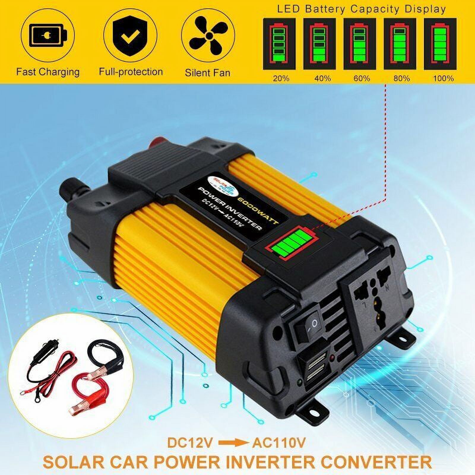 6000W Power Inverter DC12V to AC110V Converter Generator, Sine Wave Convert with 2 USB Ports 1 Sockets for Laptop/IPad/Mobile Phones/Camera
