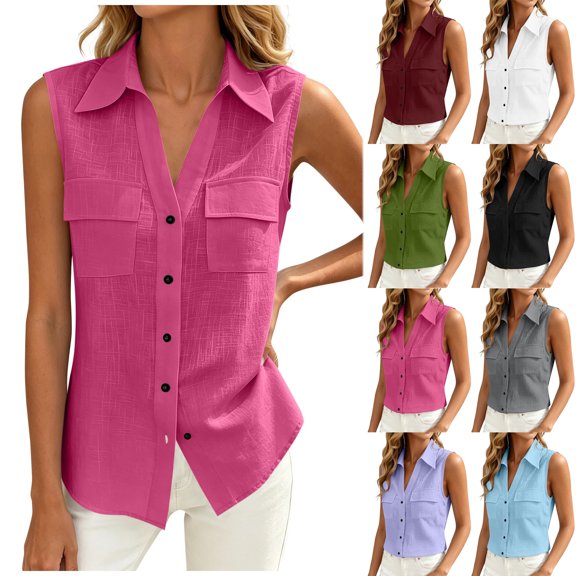 Otntypg Women Sleeveless Button Down Linen Shirts Lightweight Summer Solid Dressy Casual Tunic Blouse Trendy V Neck Tank Top Business Work Collared T-Shirts with Pockets