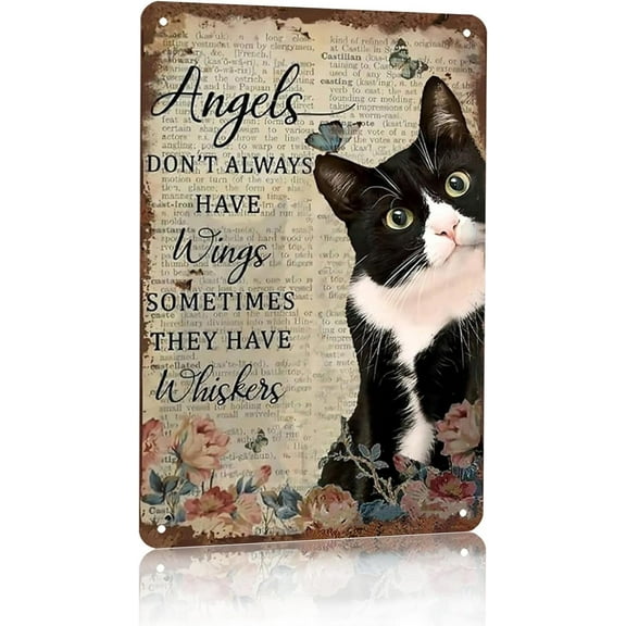 Tuxedo Cat Wall Art - "Angels Don't Always Have Wings" Metal Sign - Ideal Present for Cat Enthusiasts 12 x 8 Inch